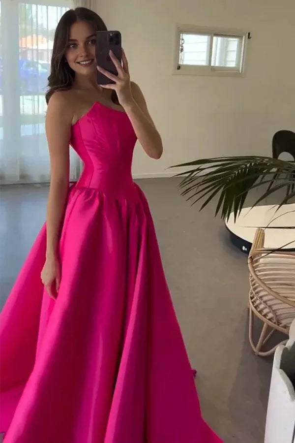 Robe de bal Weitese en satin rose vif, coupe trapèze, sans bretelles, col ras du cou et corset